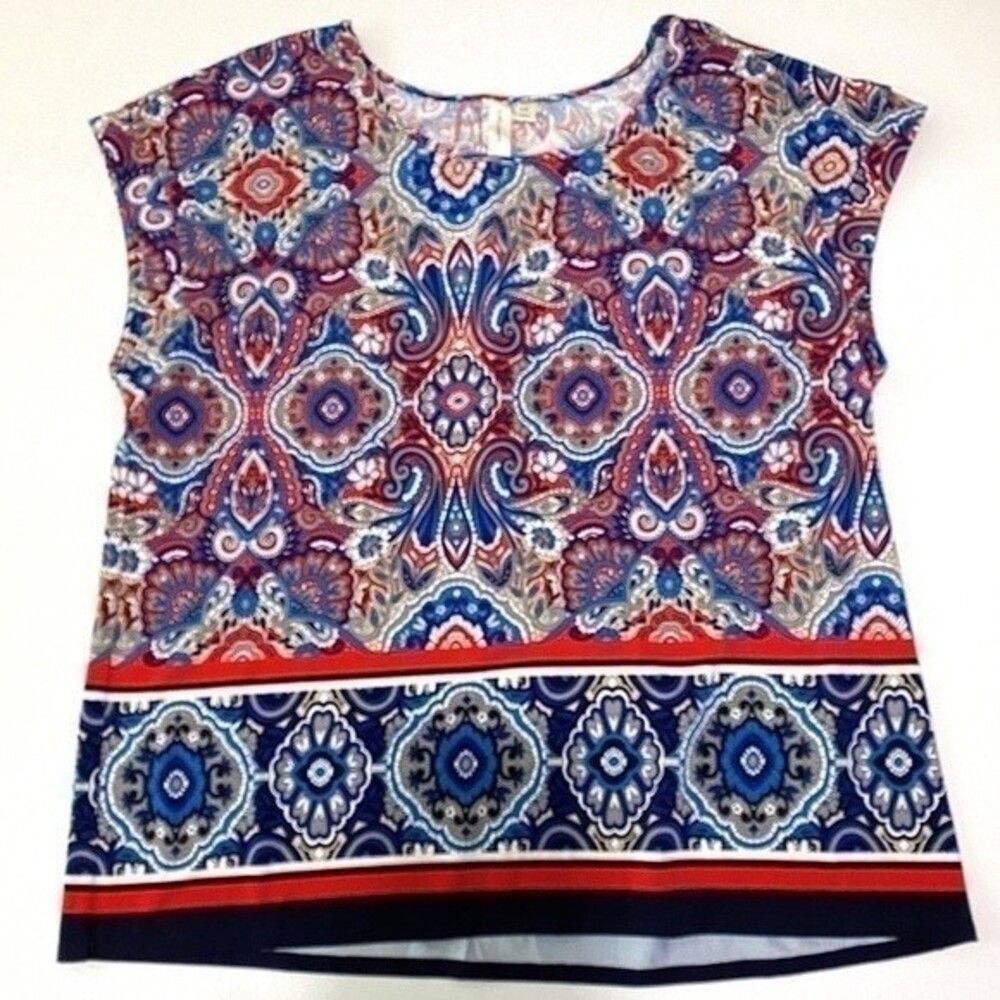 Tacera womens size 2X red blue white gray sleeveless patterned blouse top 520B3